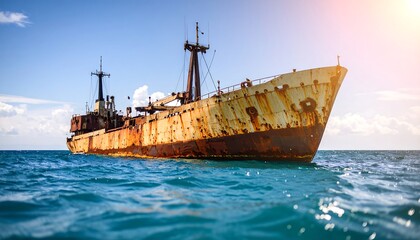 Rusty ship adrift at sea