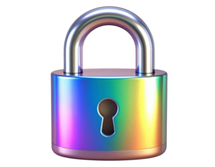 Iridescent 3D Padlock with Vibrant Rainbow Reflections Isolated on Transparent Background