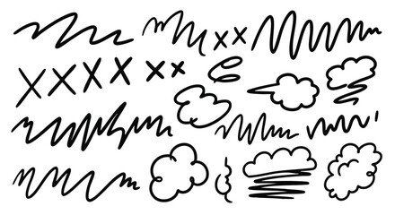 A collection of hand-drawn doodles including squiggles, crosses, and cloud shapes in black on a white background.