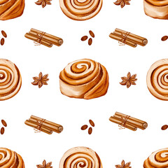 Seamless pattern with cinnamon rolls, coffee beans, and star anise, illustrated in cozy watercolor style, perfect for cafe-themed designs, packaging, and autumn prints.