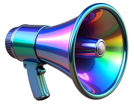 Iridescent 3D Megaphone with Glossy Color Shifts Isolated on Transparent Background