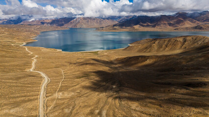 aerial view of Yashilkul lake in Gorno Badakhshan Autonomous Province, Tajikistan Pamir highway Mountain scenic landscape Bulunkul village Central Asia 