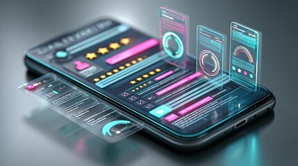 A digital concept showing a checklist form with five-star rating icons, satisfaction gauges, and user feedback cards appearing as holograms

