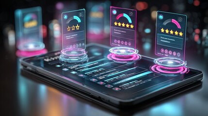 A digital concept showing a checklist form with five-star rating icons, satisfaction gauges, and user feedback cards appearing as holograms
