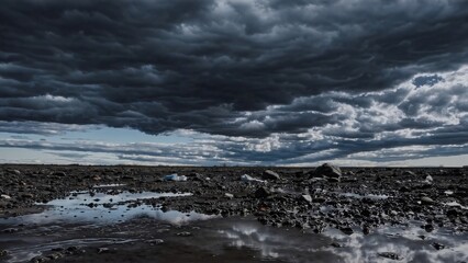Fototapeta premium Dramatic Stormy Ocean with Floating Waste Under Dark Cloudy Sky