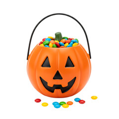 Halloween Jack-o'-lantern candy bucket overflowing with colorful sweets; cheerful, festive autumn stock image.
