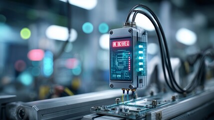Macro shot of a smart sensor embedded in a factory machine, glowing lights indicating real-time IoT data transmission