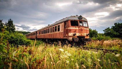Obraz premium Rusty train in overgrown field under a cloudy sky