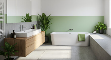 Fototapeta premium Modern minimalist bathroom interior, modern bathroom cabinet, white sink, wooden vanity, interior plants, bathroom accessories, bathtub and white and green tones walls, concrete floor.
