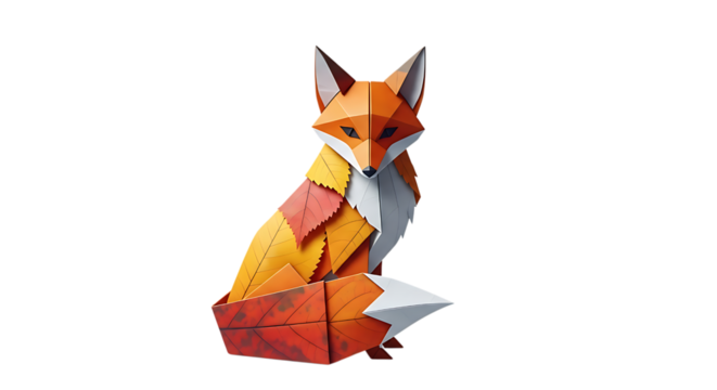 A geometric paper origami fox isolated on transparent background