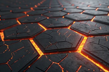 Obraz premium Cracked Hexagonal Tiles with Glowing Lava Cracks – Futuristic Volcanic Surface