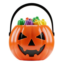 Halloween Jack-o'-Lantern Candy Bucket; Colorful Candies; Festive Autumn Treat; 3D Render