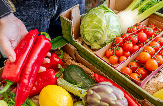 Person unpacking online grocery delivery with fresh farm vegetables