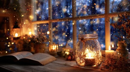 Cozy window scene candles, open book, and magical bokeh lights create a warm ambiance