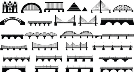 Silhouette set of various bridge designs, modern and classic structures, architectural elements, city infrastructure, transportation and construction concept illustration