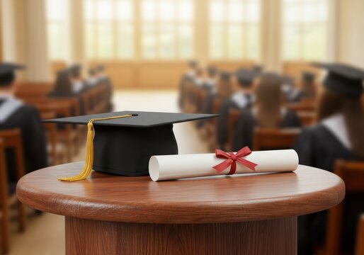 A graduation cap and diploma rest on a wooden table, signifying academic achievement and success.