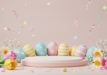 Colorful Easter eggs, flowers, and festive decorations create a joyful holiday display.