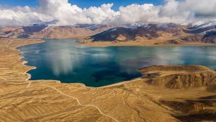 aerial view of Yashilkul lake in Gorno Badakhshan Autonomous Province, Tajikistan Pamir highway...