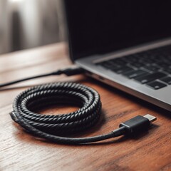 A coiled charging cable rests beside a sleek laptop.