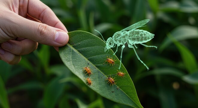 Futuristic smart farming concept with augmented reality showing a holographic wasp for biological pest control on a crop leaf. - Powered by Adobe