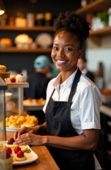 smiling young african american woman in apron preparing desserts in cafe with cozy atmosphere. cheerful pastry chef at work. bakery, culinary arts, lifestyle
