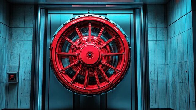 Secure, futuristic vault door with large, red wheel