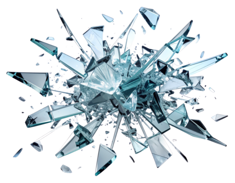 Slow Motion Glass Shatter with Floating Fragments – Dynamic Collision Impact PNG Isolated