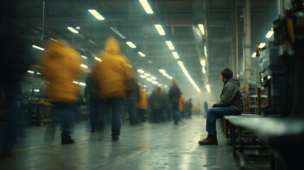 Solitary Contemplation: A figure finds a moment of quiet contemplation amidst the industrial pulse of a factory floor, surrounded by blurred figures in motion.