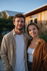 Fototapeta premium Young caucasian couple smiling outdoors near modern wooden house