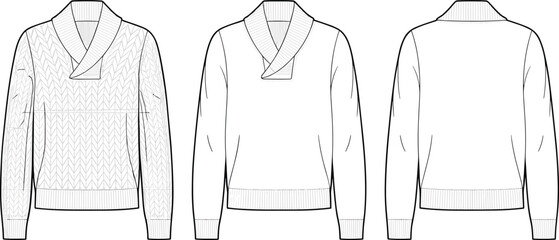 CAD drawing flat vector illustration of shawl collar sweater, stylish knitwear garment layout, fashion 