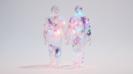 Two abstract, multicolored figures composed of geometric shapes and light patterns stand against a neutral background, evoking a futuristic and artistic vibe.
