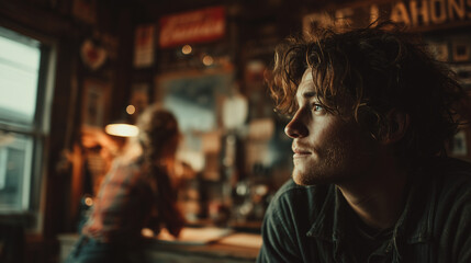 Solitary Contemplation: A pensive individual gazes into the distance, immersed in thought, against the backdrop of a dimly lit, vintage setting, evokes a sense of introspection and quiet reflection.