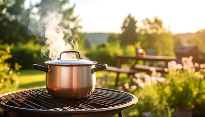 Steaming pot on outdoor grill, sunlit garden backdrop