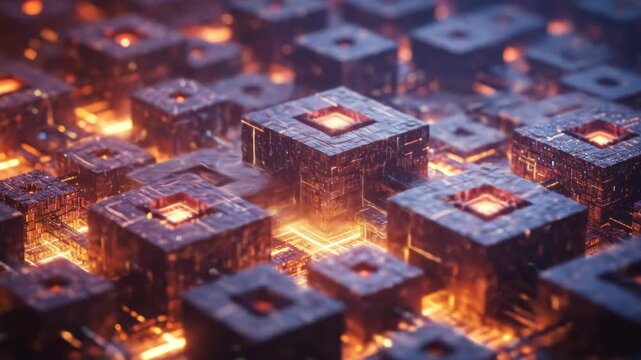 Abstract tech cubes with glowing centers hover above fiery network