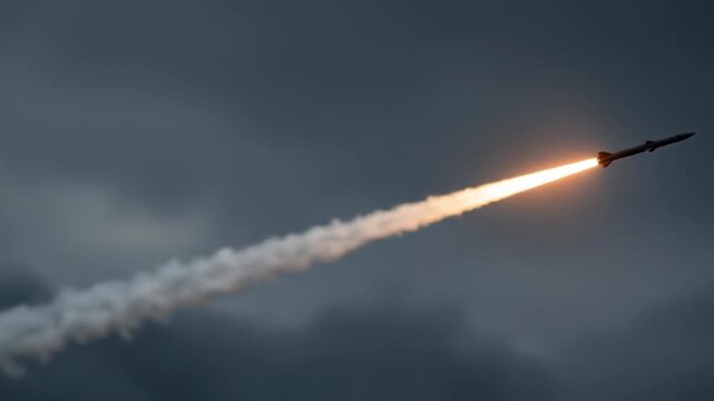 A rocket ascends, leaving a contrail against a gloomy sky