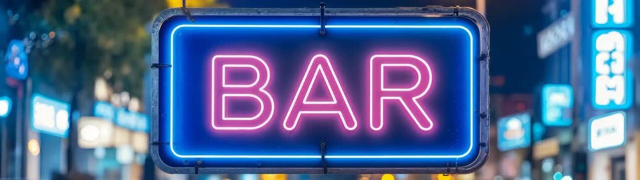 Vibrant neon bar sign glowing against a backdrop of blurred city lights, capturing the energy of nightlife and entertainment.