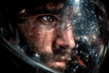 Fototapeta premium Astronaut in the Cosmos: An astronaut gazes into the vast, starry expanse of space through their helmet, captured in a striking close-up. The image evokes a sense of wonder and introspection.