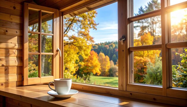 View from inside a wooden cabin to an autumn forest, coffee cup on the windowsill. - Powered by Adobe