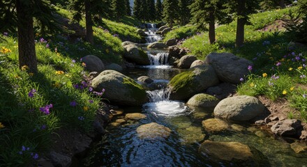 Fototapeta premium A scenic view of a small stream flowing through a lush forest with rocks and wildflowers along the banks