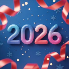 Festive 2026 date display with ribbon, snowflakes, and bokeh on a blue backdrop