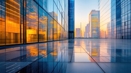 Sleek clean office complex with a reflective glass facade ultra-modern futuristic architecture reflections of a vibrant city skyline