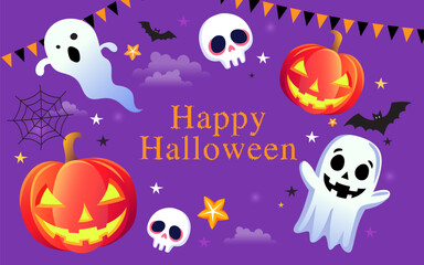 Cute Halloween seamless pattern on a purple background cartoon ghosts, jack o' lantern pumpkins, and skulls. Spooky and fun vector illustration for holiday decoration, fabric print, wrapping paper.