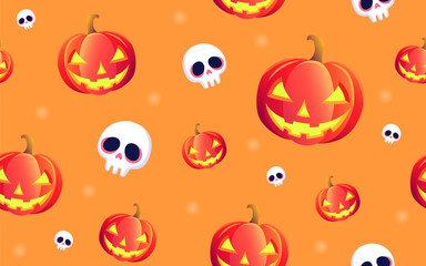 Happy Halloween repeating pattern with funny jack o' lantern pumpkins , cartoon skulls  orange background. Seamless vector texture for autumn holiday party invitations, textiles, website backgrounds.