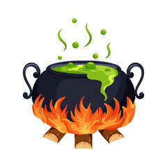 Green elixir in a magic cauldron on a fire. Symbol of witchcraft and mystical rituals. Vector illustration for Halloween.