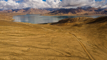 aerial view of Yashilkul lake in Gorno Badakhshan Autonomous Province, Tajikistan Pamir highway...