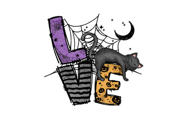 A black cat is lying on the word love with spiderwebs and a crescent moon, Sublimation Design isolated on transparent background