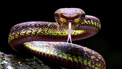 Colorful close-up of a vibrant snake with intricate scales and tongue