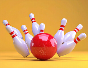 Red Bowling Ball Strikes Down White Pins in Dynamic Scene