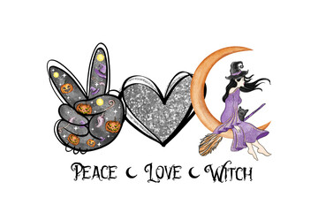 A peace sign, heart, and witch on a moon spell out peace love witch, Sublimation Design isolated on transparent background