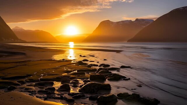 Sunrise over fjord tidal flats